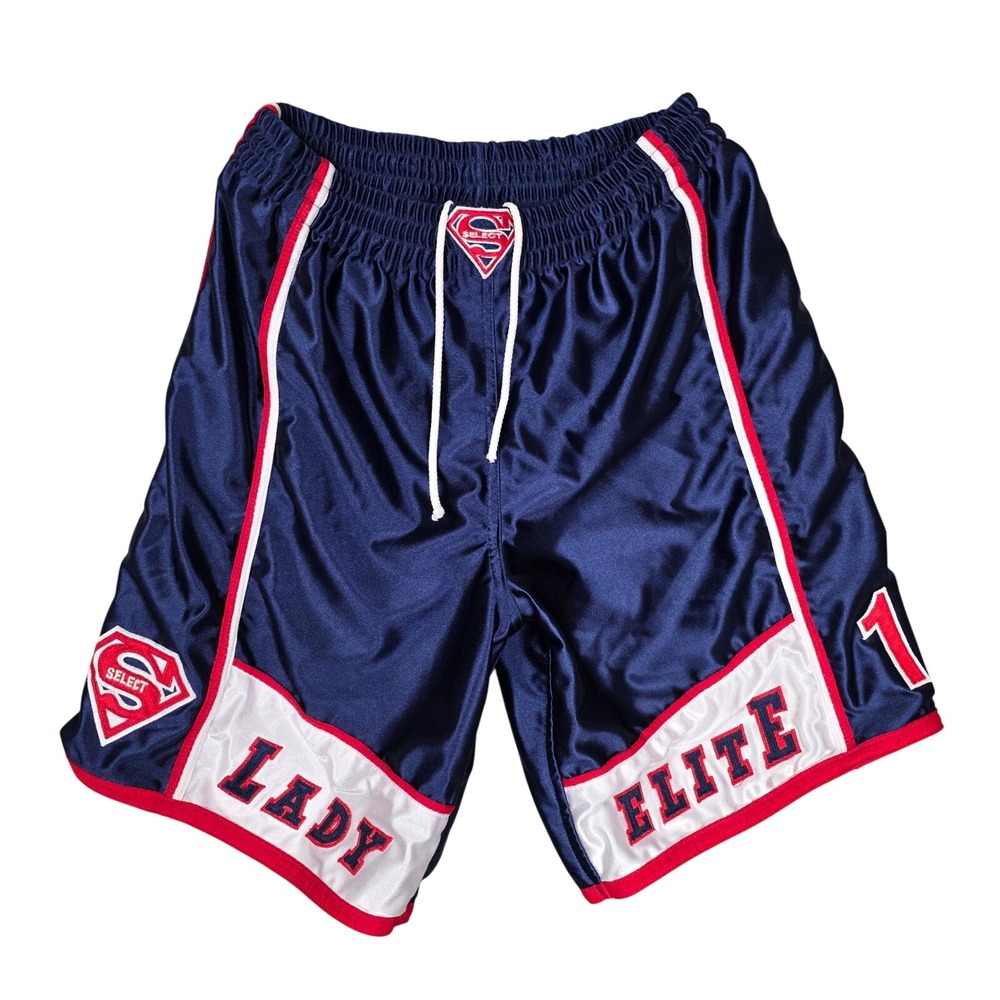 Lady Elite #1 Blue Athletic Shorts Satin Drawstring Shield Logo Excellent‎ Retro